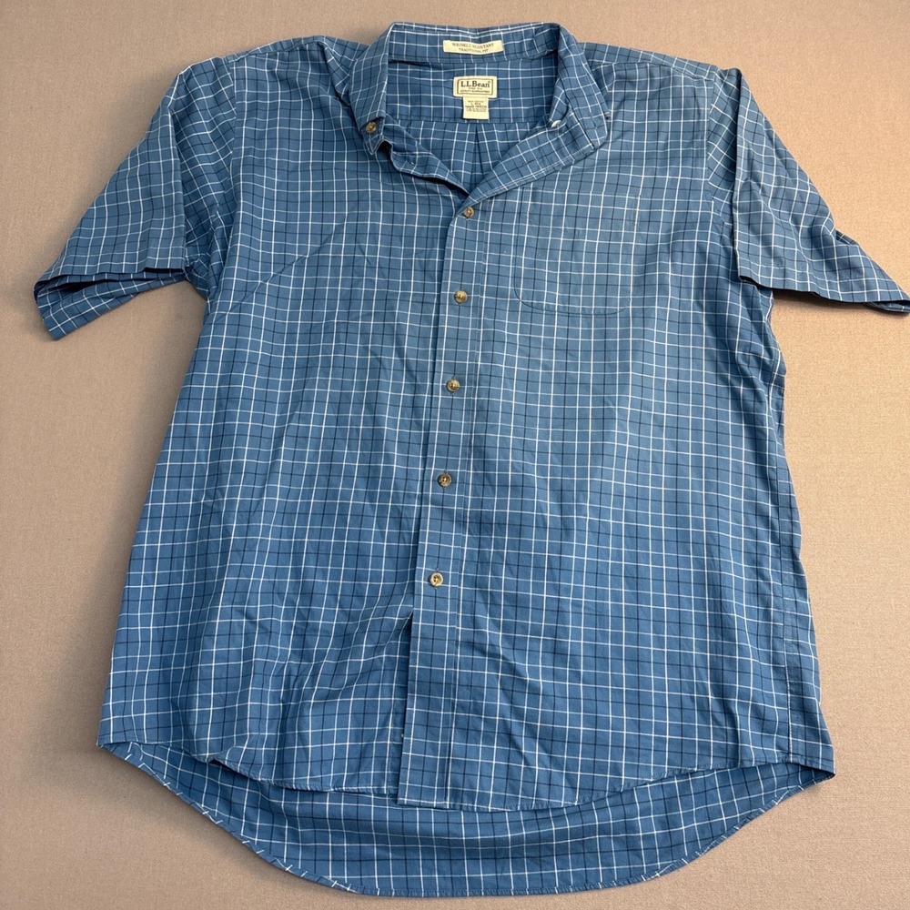 LL Bean Mens Large Blue White Grid Check Wrinkle Resistant SS Button Down Shirt